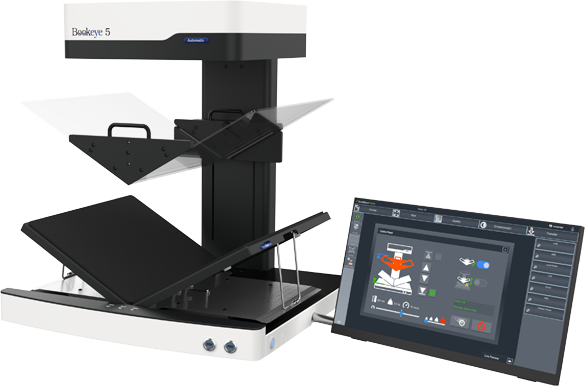 Overhead color book scanner / book copier for formats 14 % larger than A2 (460 x 620mm / 18 x 24 inch). 
Magnetically coupled V-shaped book cradles 120 - 180 degrees. 