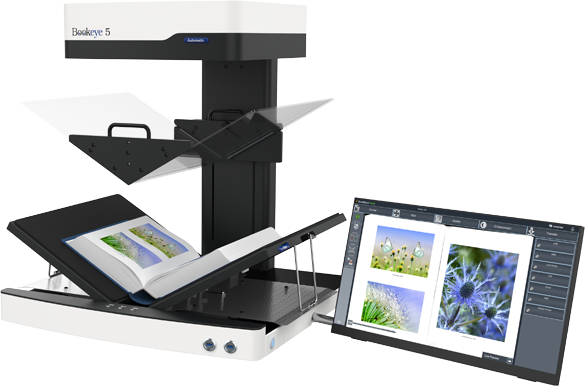 Magnetically coupled V-shaped book cradles allows users to digitize books and documents by either laying them flat on the scanning bed at 180°or in the V-cradle, at an angle of 120°. 
Live preview function shows document position for optimal placement.