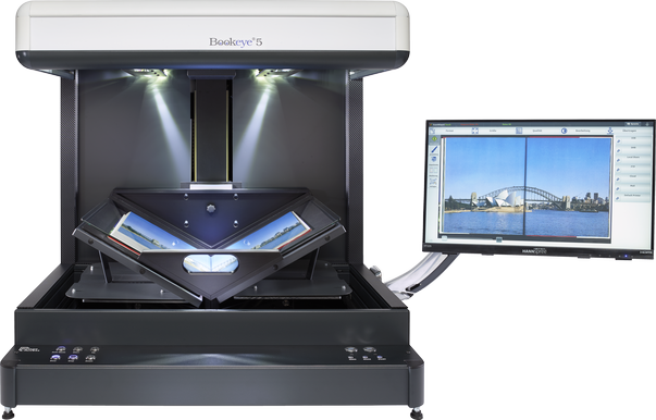 For exact positioning on the book fold, the V-shaped glass plate is moved horizontally. Depending on requirements, the Bookeye ® 5 V2S Semiautomatic can be used with a flat glass plate or without a glass plate at all.