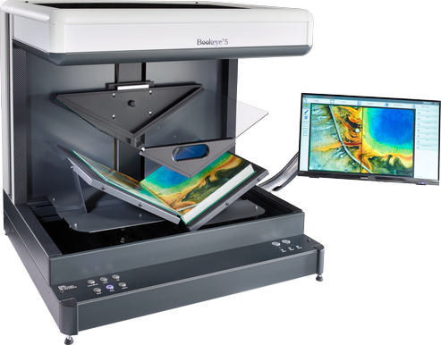 Overhead color book scanner / book copier for formats 14 % larger than A2 (460 x 620mm / 18 x 24 inch). 
Unique self-adjusting and V-shaped book cradle with motor driven glass plate.