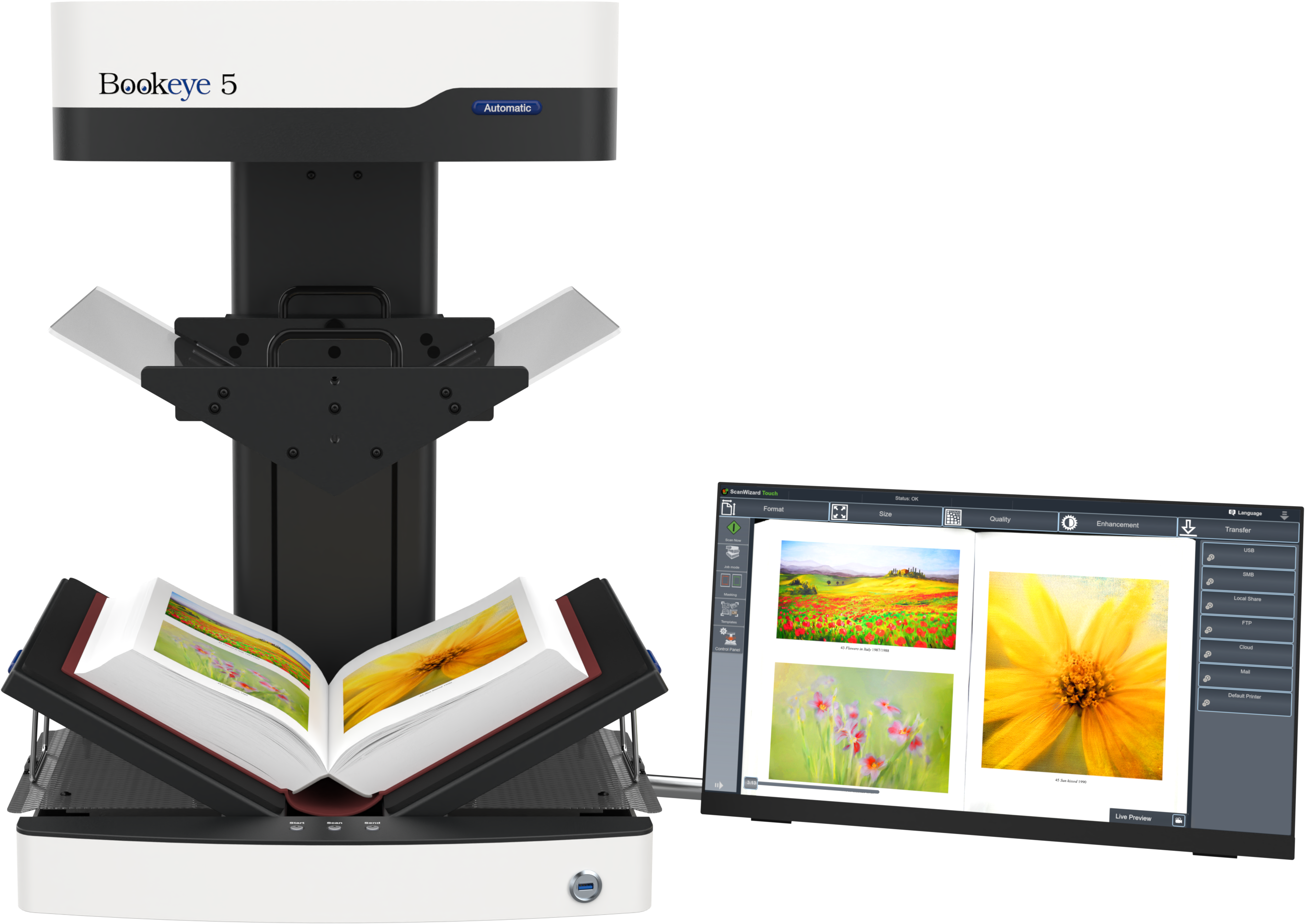 Two possible positions for the preview screen: attached to the side of the scanner closer to the front or attached to the side of the scanner closer to the back, where you can angle the monitor in various degrees.